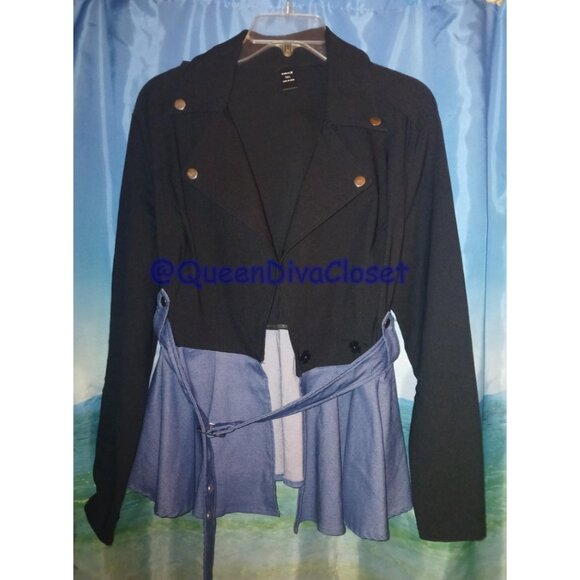 Shein Sylvia Mollie Plus Faux Denim Black Peplum Colorblock Blazer Jacket 12, 0X - Picture 3 of 11